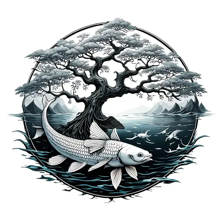 Tree Of Life Whit Swimming Koi Fish Swimming Underwater