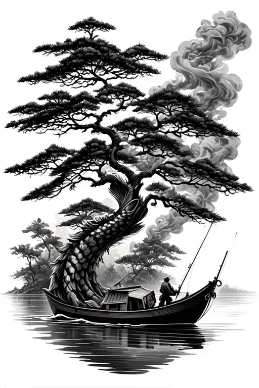 Tree Of Like Fishing Koi Fish Smoke Rising Boat Sailing Toward Pine Tree Around River