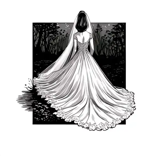 Woman Wedding Dress Standing Long Trail Looking Back