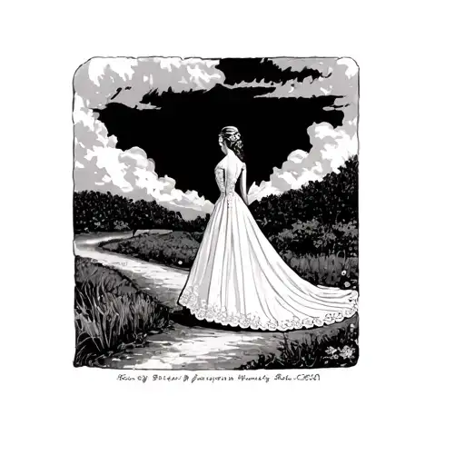Woman Wedding Dress Standing Side On Long Trail Looking Back