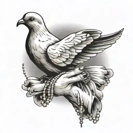 Praying Hands With Rosary Beads And A Dove Flying