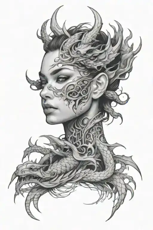 Face Of Woman Surrounded By Dragon Wrapped