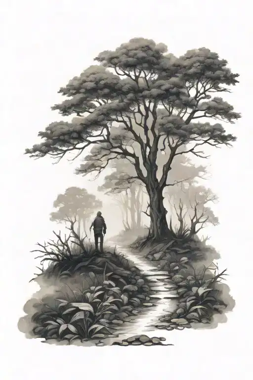 Man At The End Of A Forest Path In The Mist