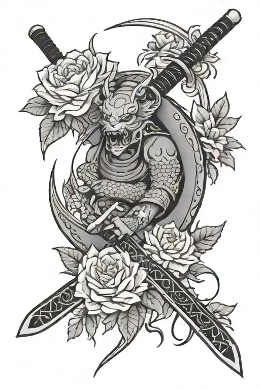 Ouroborus With Flowers And Katana On Forearm