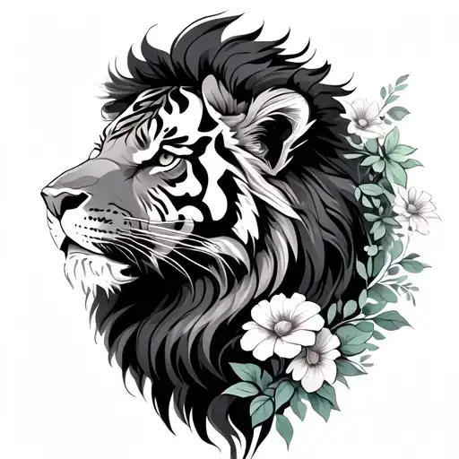 Lion With Tiger Body With Flowers