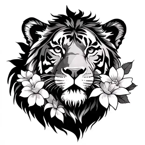 Lion With Tiger Body With Flowers
