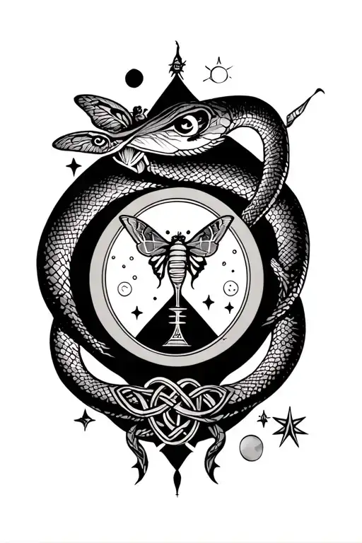 Hour Glass Moon Sun Stars Inside Snake Around Top And Bottom And A Celtic Knot And Moth Near It