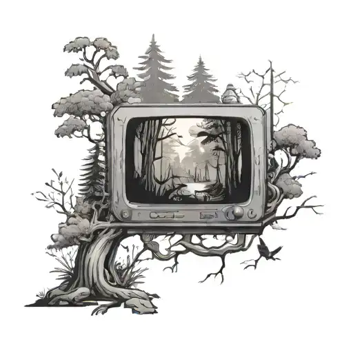 A Tv Screen Displaying A Forest Scene With Video Game Characters Exploring It