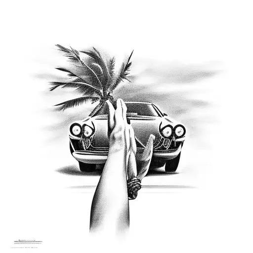 A Black-grey Tattoo Of A Sleek Sports Car Driving Along A Winding Road Lined With Palm Trees