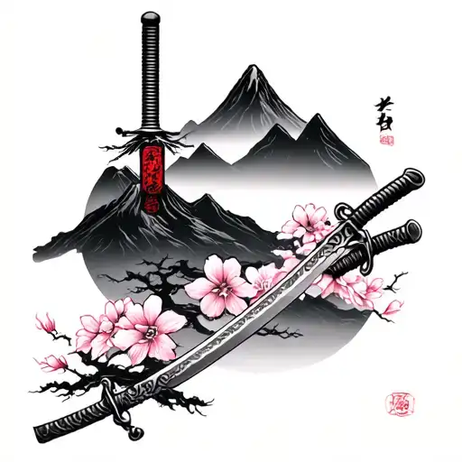 Japanes Katana Sakura Samurai Mountains Minimal Forearm Tattii