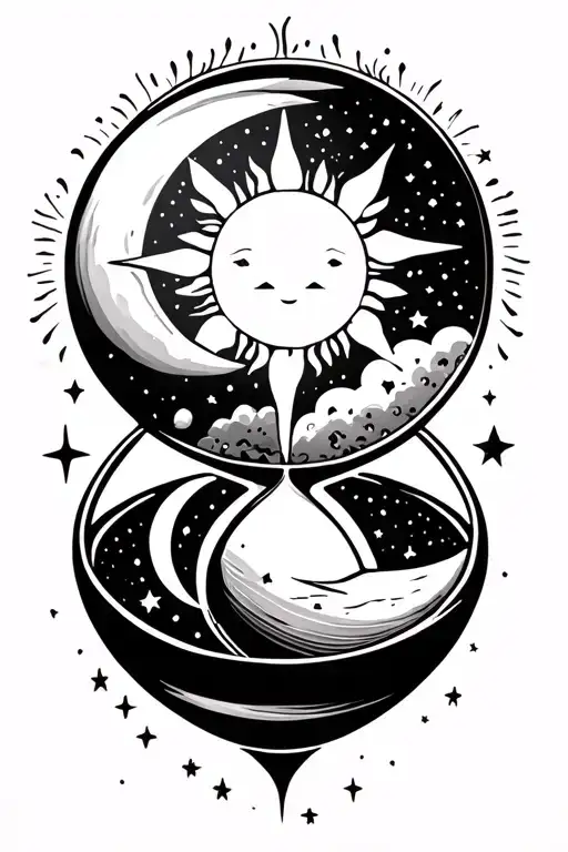 Hour Glass With Sun On Top Inside And Moon And Stars In The Bottom
