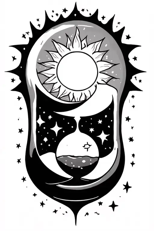 Hour Glass With Sun On Top Inside And Moon And Stars In The Bottom