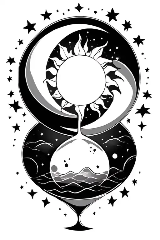 Hour Glass With Sun On Top Inside And Moon And Stars In The Bottom