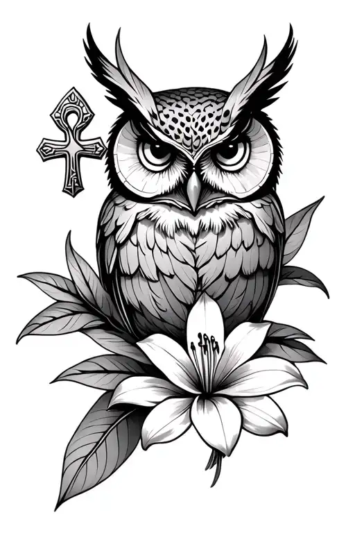 Owl Head And Flower Symbol Lily And Lotus Flower And Ankh Cross