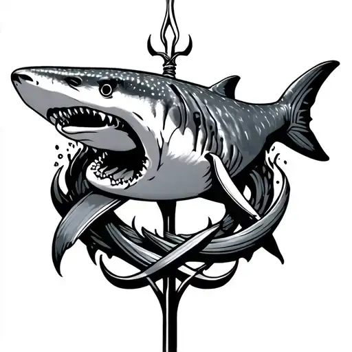 Whale Shark Swimming Around A Trident Intertwined