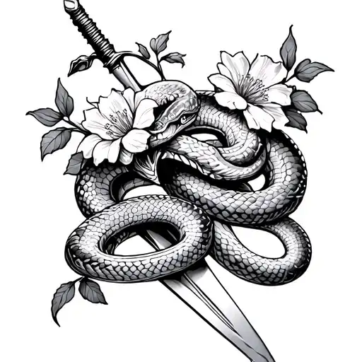 2 Snakes With Flowers And A Sword