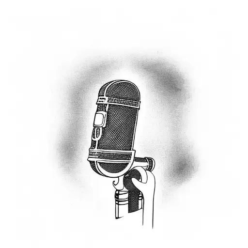 A Black-grey Tattoo Of A Microphone With A Quote From A Favorite Song Wrapped Around It