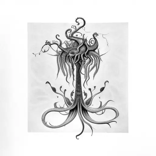 A Black And Grey Tattoo Of A Gothic Art Nouveau Design Incorporating Carnivorous Plants