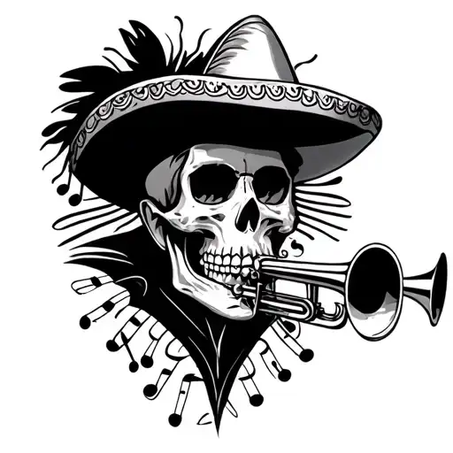 Mariachi Skull Playing Trumpet Intertwined With Musical