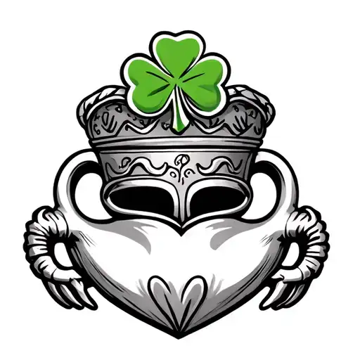 Claddagh With Designs On Both Sides And A Shamrock On Top