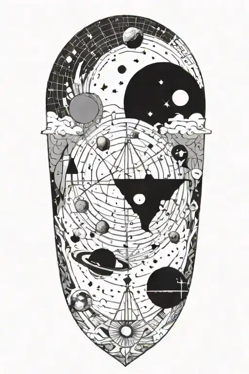A Black-grey Tattoo Design Combining Elements Of Astronomy And Ancient Mathematics