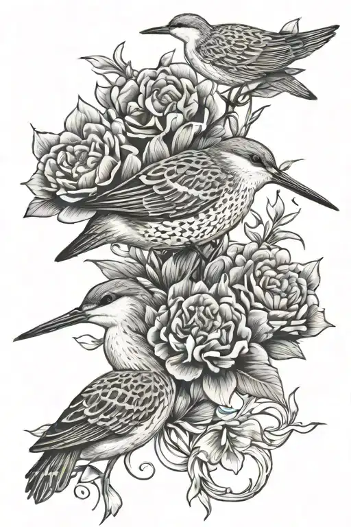 Nautical Tattoo Featuring Flowers And Sandpiper