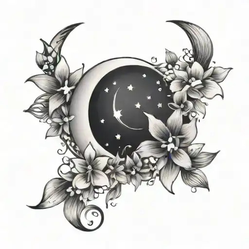 Crescent Moon And Stars With Flowers Forming
