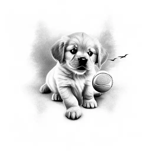 A Baby Golden Retriever Holding A Tennis Ball