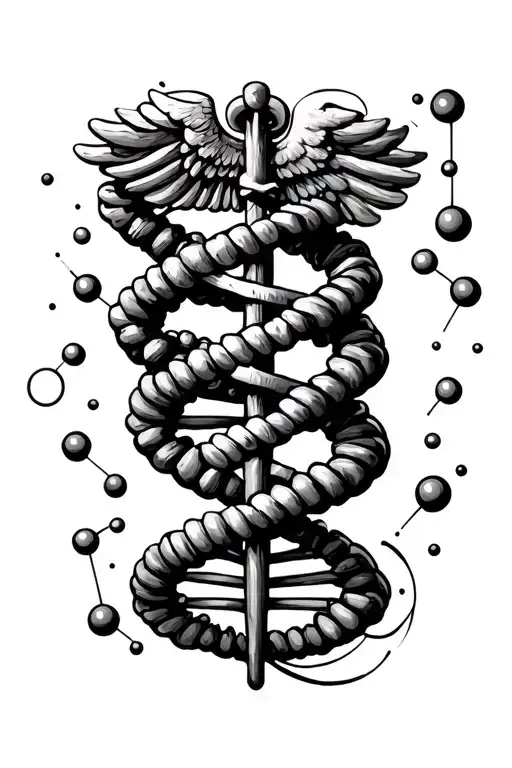 Staff Of Asclepius Inside A Dna Strand With Atoms Orbiting The Dna Strand