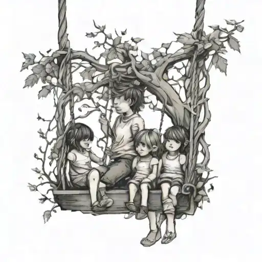 3 Children 2 Girls 1 Boy Facing Away On A Swing Suspended By Jagged Bramble Branches