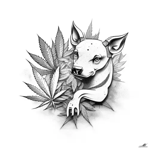 Design A Black-grey Tattoo Featuring A Graffiti-inspired Animal Surrounded By Cannabis Leaves