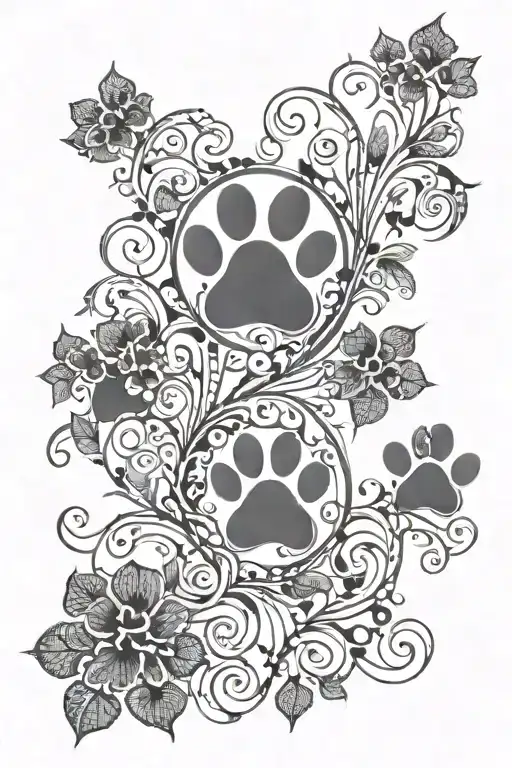 4 Paw Prints With Vine Wrapping Around Them With Dotted Hearts And Circles As The Leaves