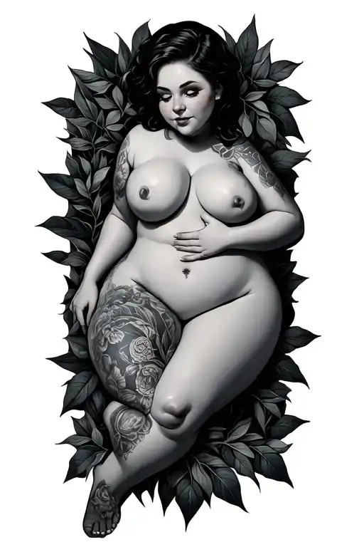Nude Bbw Chubby White Girl Frontal Side Laying Pose In Foliage Black And Grey Hands And Feet Hidden