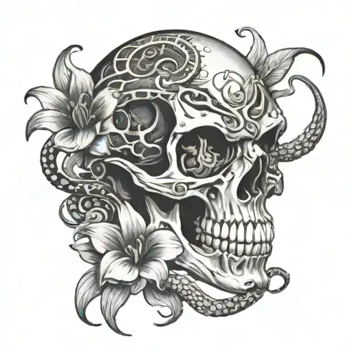 Snake Curled Through A Skull With A Lily Flower Sprouting From An Eye Socket