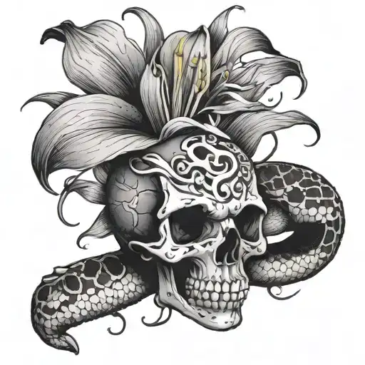A Skull With A Lily Flower Sprouting From An Eye Socket And A Snake Curled Around The Skull