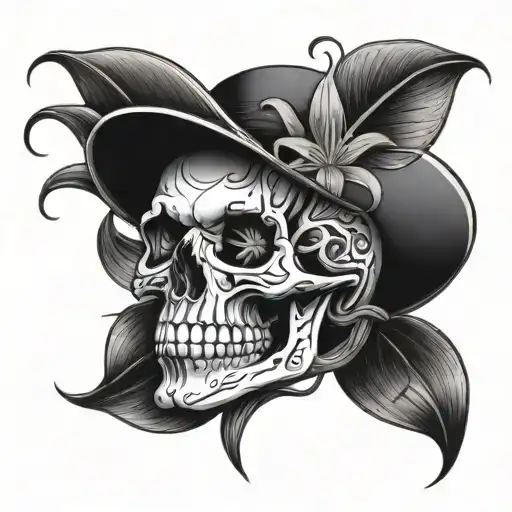 A Skull With A Lily Flower Sprouting From An Eye Socket And A Snake Curled Through The Skull