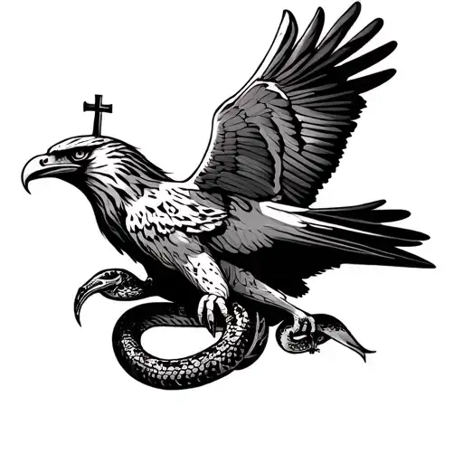Hawk With A Cross In Its Beak Holding A Snake In Its Claws