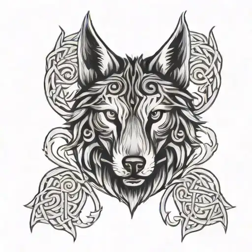 Celtic Wolf Head With Love Knot Roots Surrounded