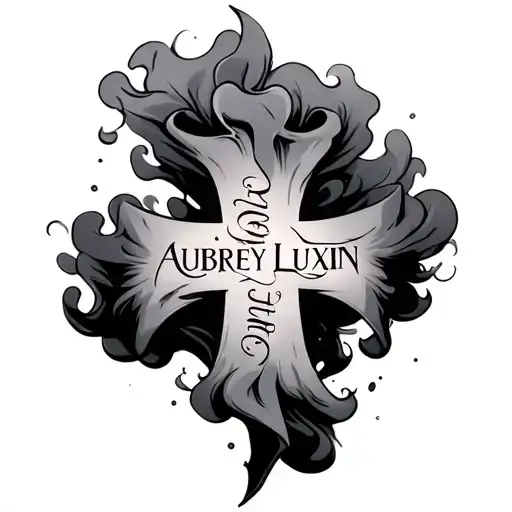 Smoke Wrapping Around Forearm Forming A Cross With The Names Aubrey Luxin And Atlas