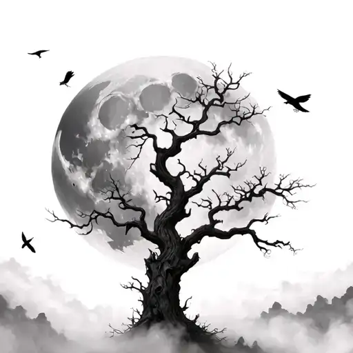 Poison Tree With Moon And Some Fog Over The Higher Part Of The Tree And Some Birds