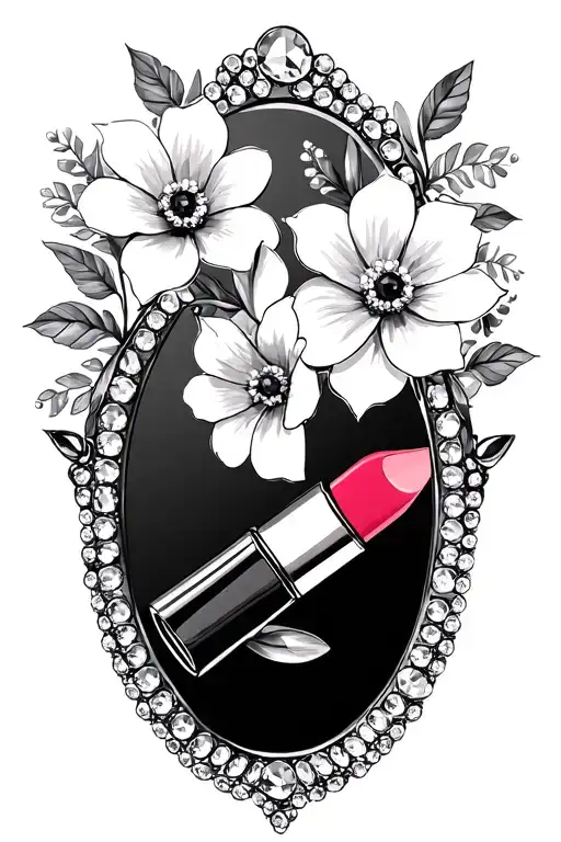Rhinestone Mirror With Cosmo Flowers And A Tube Of Lipstick In The Reflection