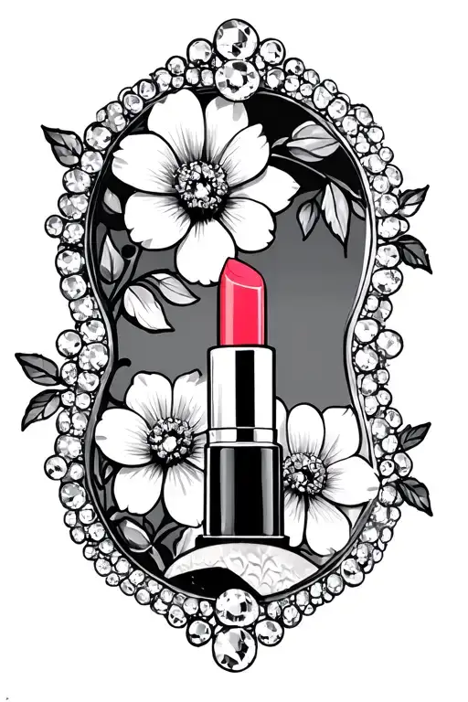 Cosmo Flowers And Tube Of Lipstick Reflected In Rhinestone Mirror