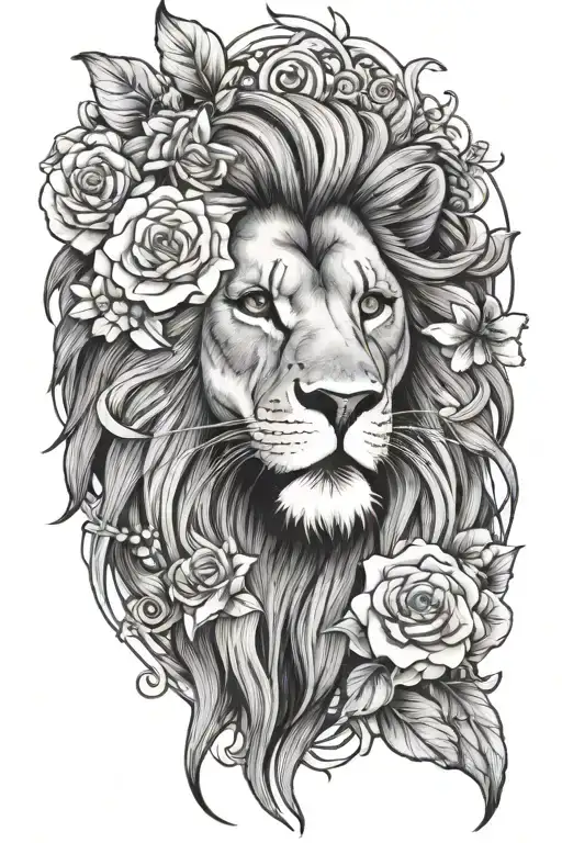Lion Head And Flowers