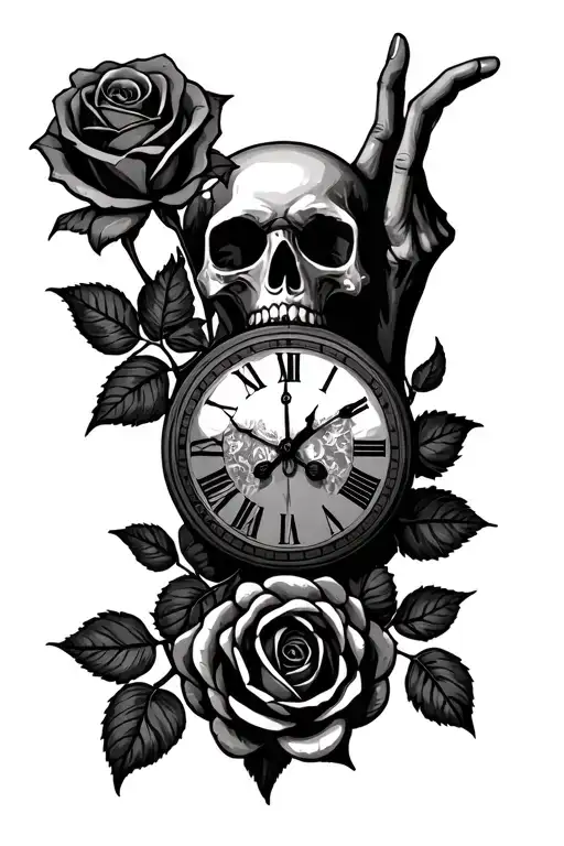 Skull And Rose Clock Hands Pointing