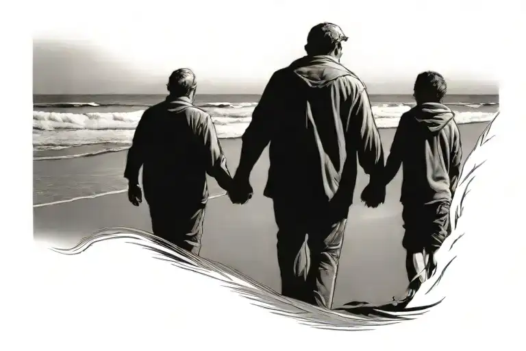 Father Son Walking Away Holding Hands In The Beach
