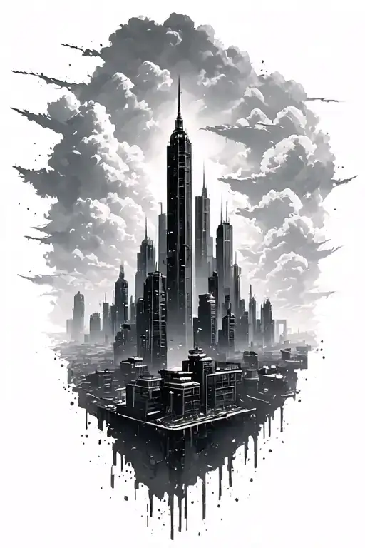 Post-apocalyptic Cyberpunk City Skyline Filled With Hazy Clouds And Tall Skyscrapers