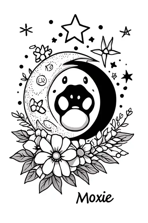 Dog Nose Dog Paw Moon And Star And Flowers And Tennis Ball Name Of Dog Moxie
