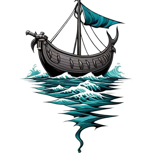 Viking Longboat With Waves And In Color