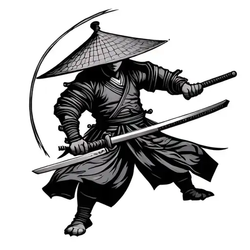 Japanese Samurai Warrior Wielding A Sword With Rice Hat