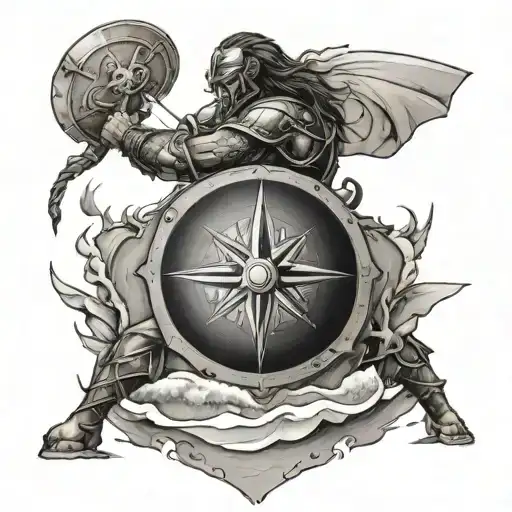 A Beach Scene With A Warrior Holding A Shield Shaped Like A Compass